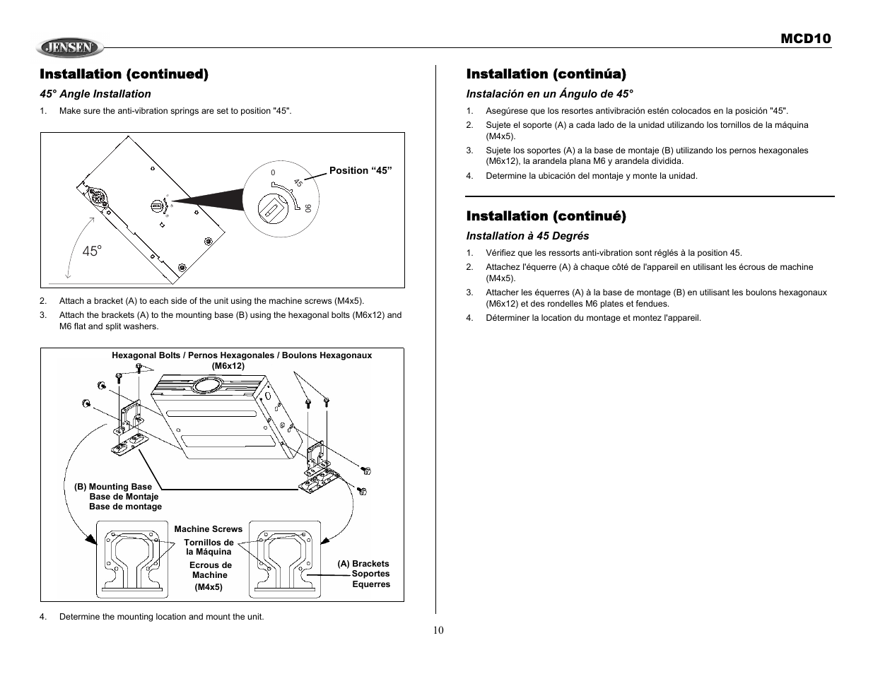Mcd10 installation (continued), Installation (continúa), Installation (continué) | Jensen MCD10 User Manual | Page 10 / 17
