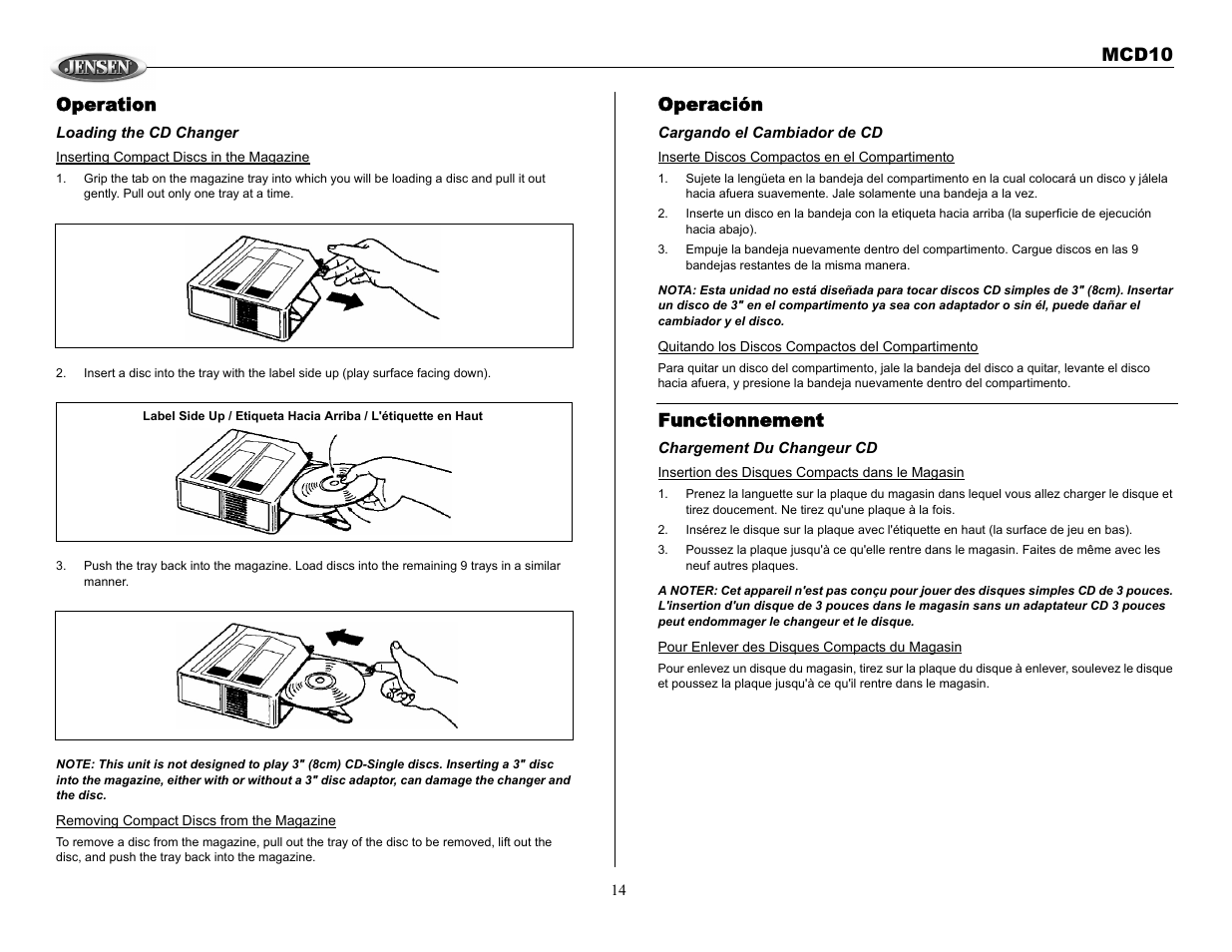 Mcd10 operation, Operación, Functionnement | Jensen MCD10 User Manual | Page 14 / 17