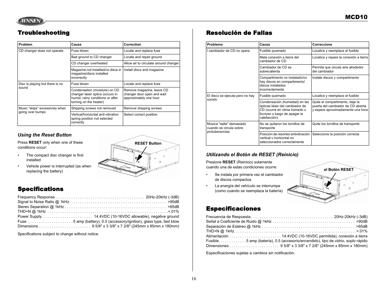 Mcd10 troubleshooting, Specifications, Resolución de fallas | Especificaciones | Jensen MCD10 User Manual | Page 16 / 17