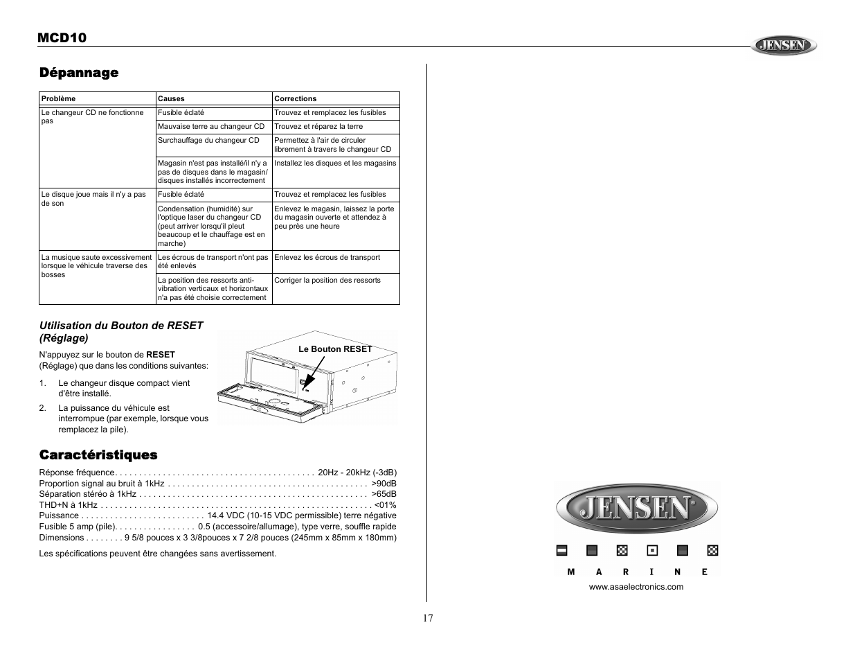 Mcd10 dépannage, Caractéristiques | Jensen MCD10 User Manual | Page 17 / 17