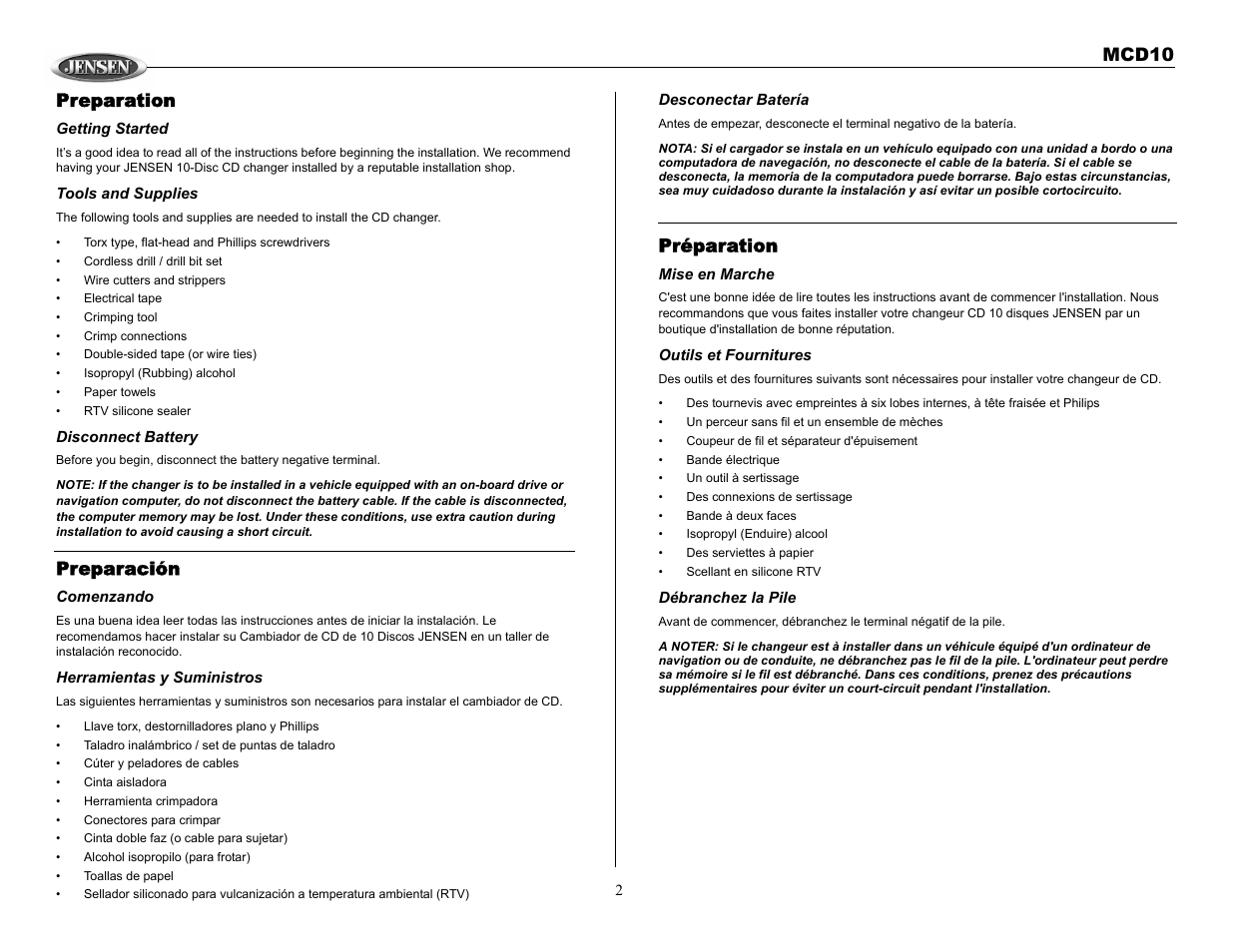 Mcd10 preparation, Preparación, Préparation | Jensen MCD10 User Manual | Page 2 / 17