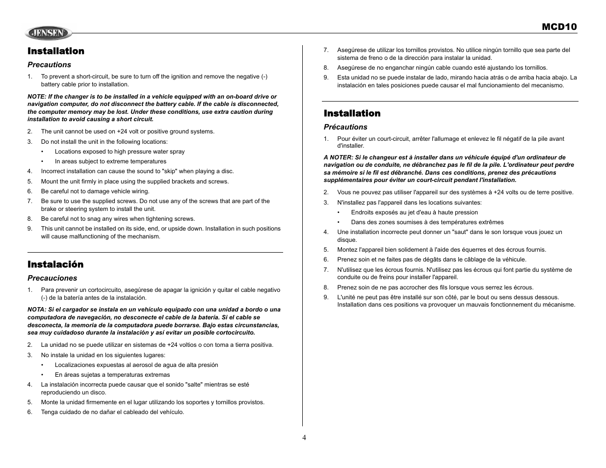 Mcd10, Installation, Instalación | Jensen MCD10 User Manual | Page 4 / 17