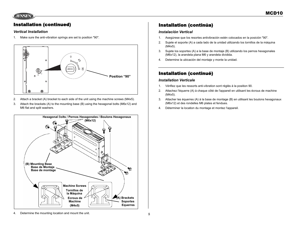 Mcd10 installation (continued), Installation (continúa), Installation (continué) | Jensen MCD10 User Manual | Page 8 / 17