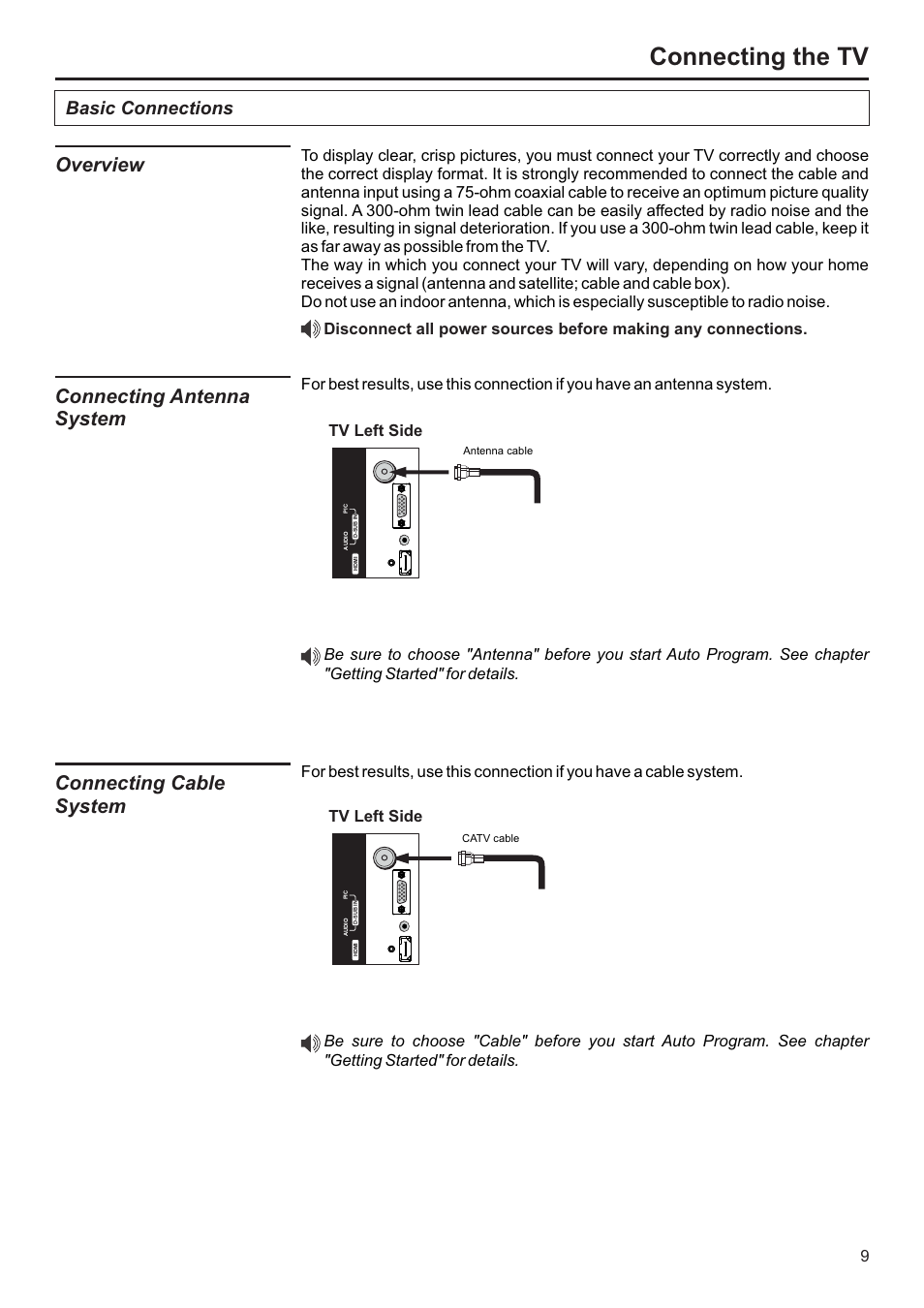 Connecting the tv, Connecting antenna system, Overview | Connecting cable system, Basic connections, Tv left side | Jensen JE2707 User Manual | Page 10 / 42