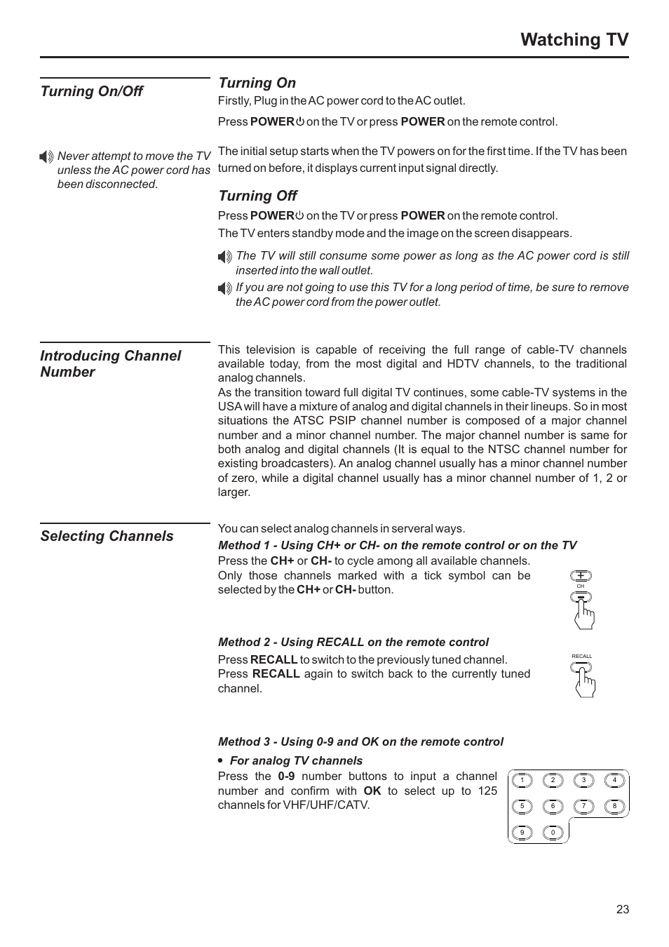 Watching tv, Turning on/off, Turning on turning off | Introducing channel number, Selecting channels | Jensen JE2707 User Manual | Page 24 / 42