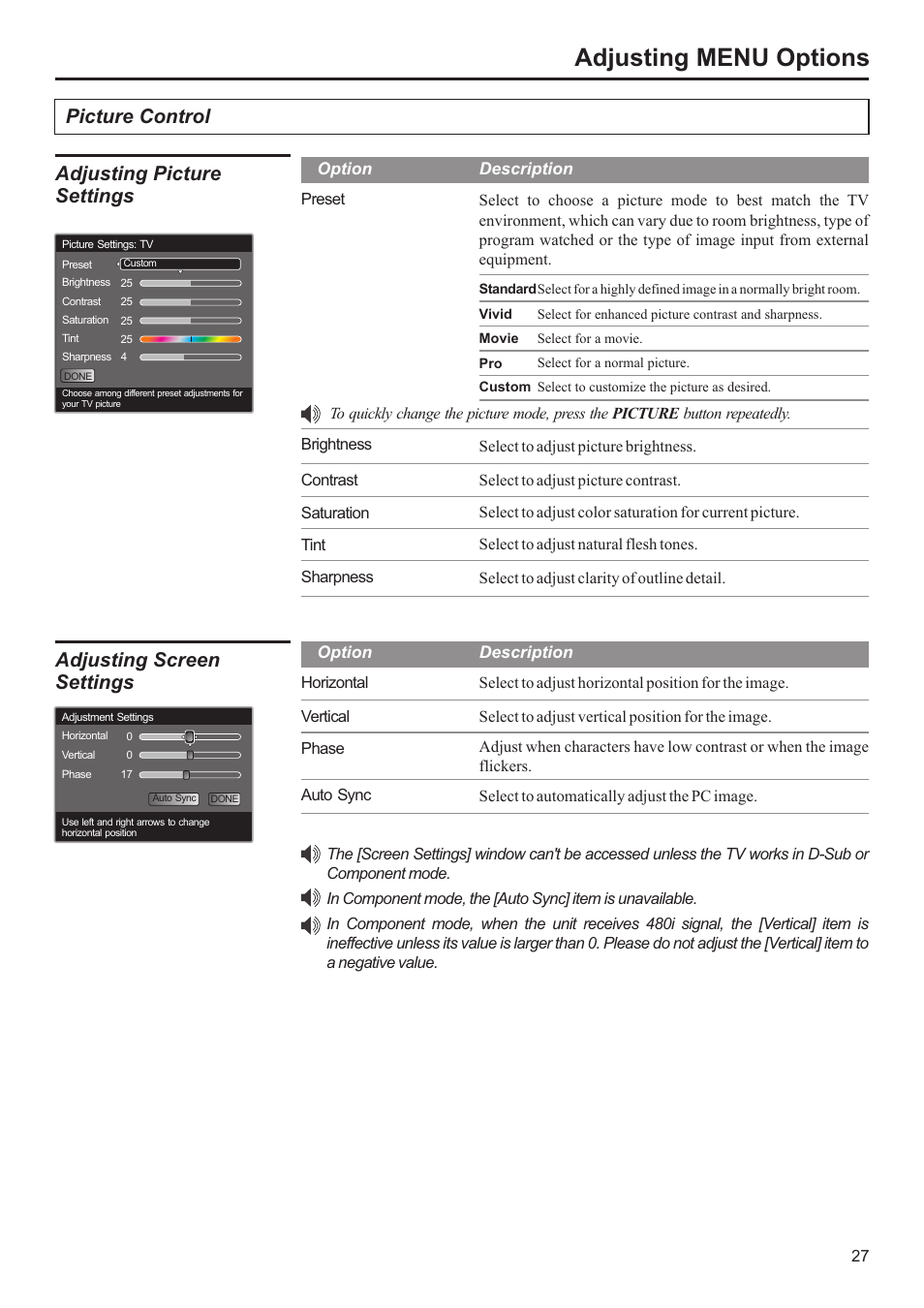 Adjusting menu options, Picture control, Adjusting picture settings | Adjusting screen settings | Jensen JE2707 User Manual | Page 28 / 42