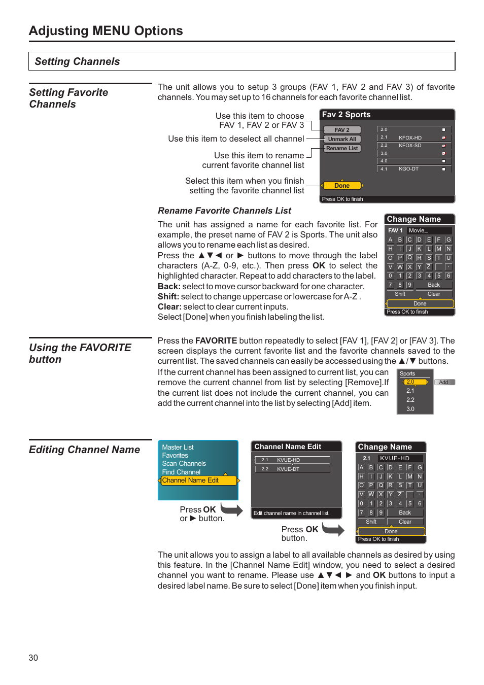 Adjusting menu options, Setting favorite channels, Setting channels | Using the favorite button, Editing channel name, Rename favorite channels list, Fav 2 sports, Change name | Jensen JE2707 User Manual | Page 31 / 42