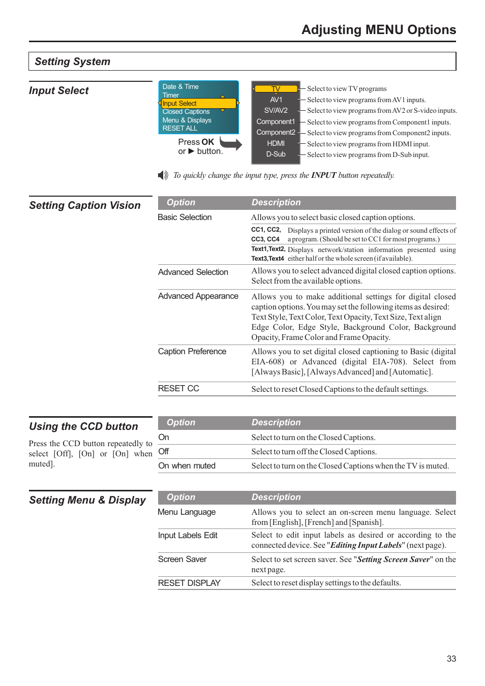 Adjusting menu options, Input select, Setting caption vision | Using the ccd button, Setting menu & display, Setting system | Jensen JE2707 User Manual | Page 34 / 42