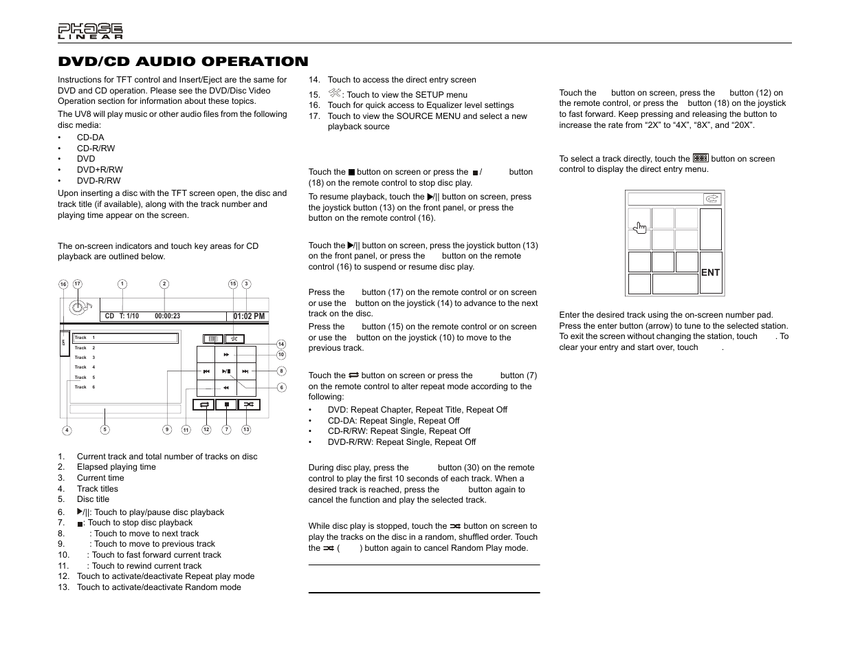 Uv8 dvd/cd audio operation | Jensen UV8 User Manual | Page 22 / 30