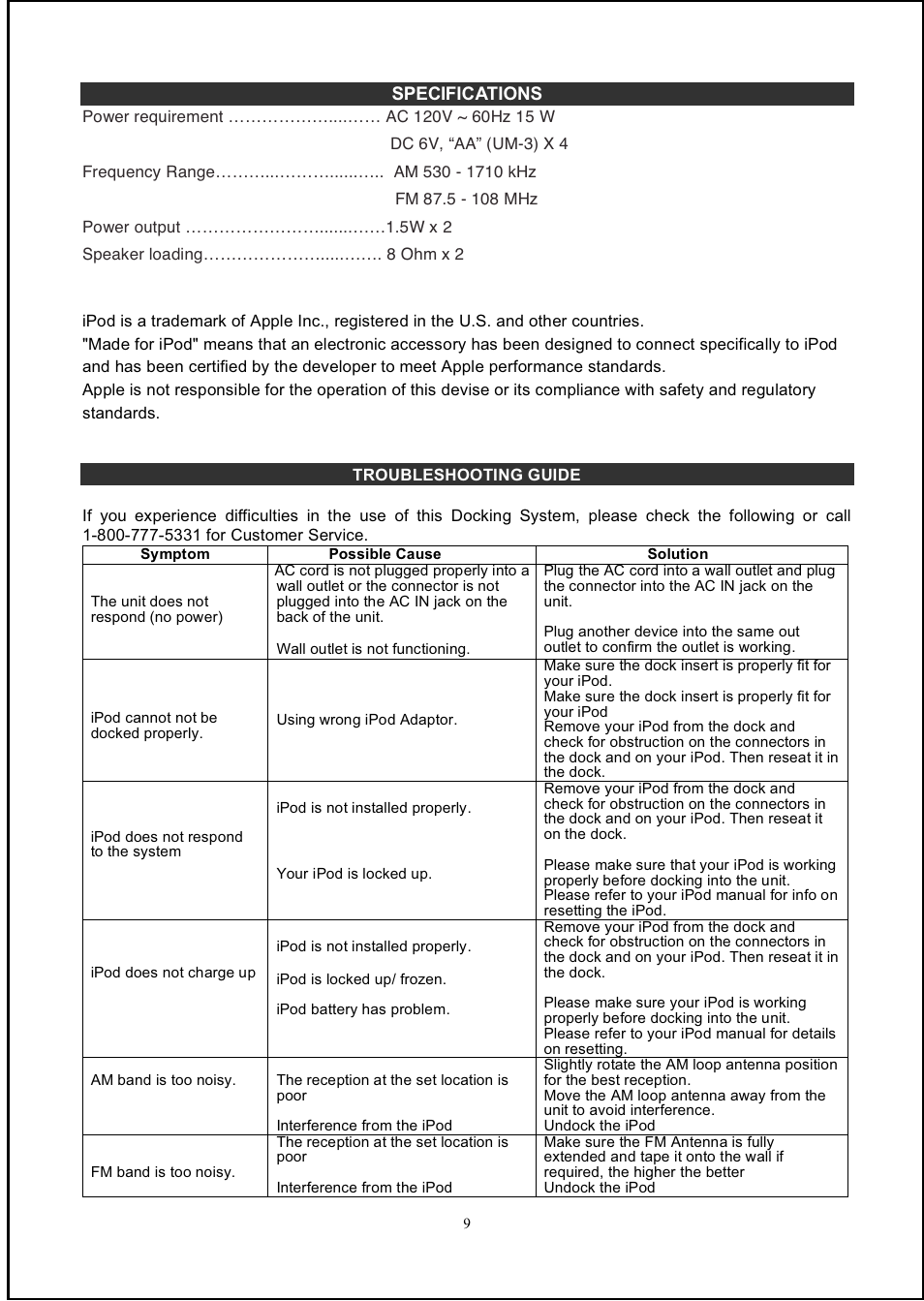 Specifications | Jensen JiSS-100 User Manual | Page 10 / 11