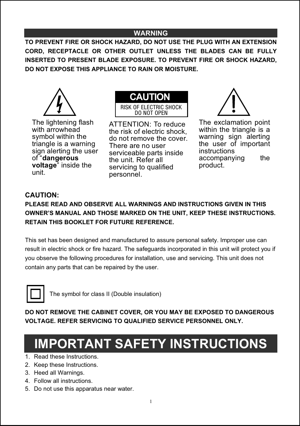 Important safety instructions, Caution | Jensen JiSS-100 User Manual | Page 2 / 11