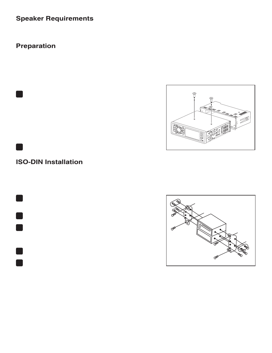 Speaker requirements, Preparation, Iso-din installation | Jensen VM8113 User Manual | Page 2 / 12