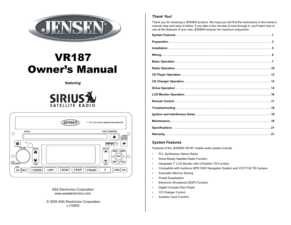 Jensen SIRIUS VR187 User Manual | 23 pages