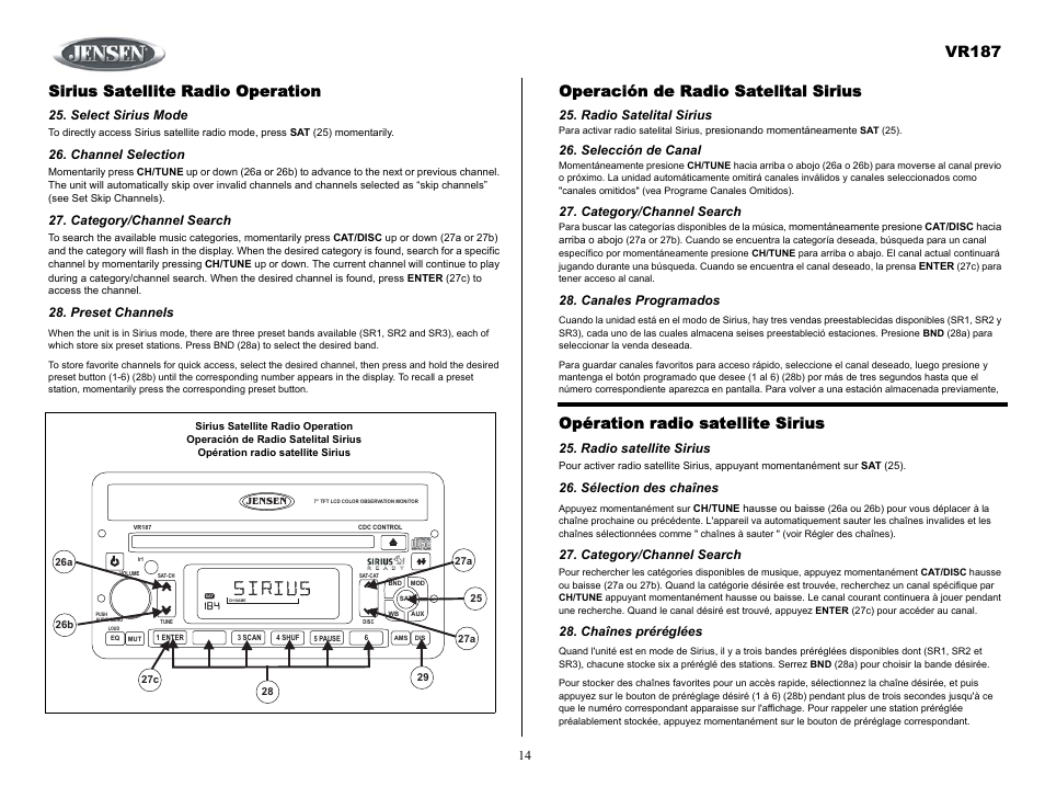 Sirius satellite radio operation, Select sirius mode, Channel selection | Category/channel search, Preset channels, Operación de radio satelital sirius, Radio satelital sirius, Selección de canal, Canales programados, Opération radio satellite sirius | Jensen SIRIUS VR187 User Manual | Page 14 / 23