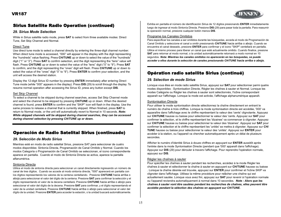 Sirius satellite radio operation (continued), Sirius mode selection, Operación de radio satelital sirius (continuado) | Selección de modo sirius, Opération radio satellite sirius (continué), Sélection de mode sirius, Vr187 | Jensen SIRIUS VR187 User Manual | Page 15 / 23