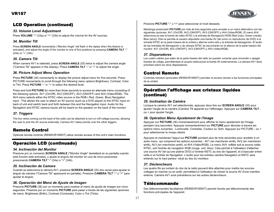 Lcd operation (continued), Volume level adjustment, Monitor tilt | Camera tilt, Picture adjust menu operation, Triggers, Remote control, Operación lcd (continuado), Inclinación del monitor, Inclinación de camera | Jensen SIRIUS VR187 User Manual | Page 17 / 23