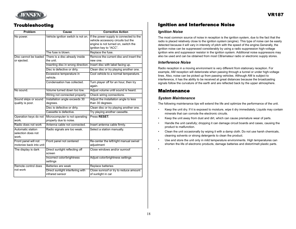 Troubleshooting, Ignition noise, Interference noise | System maintenance, Vr187, Ignition and interference noise, Maintenance | Jensen SIRIUS VR187 User Manual | Page 18 / 23