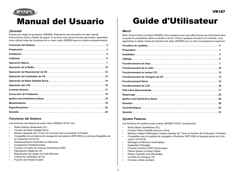 Funciones del sistema, Merci, System features | Manual del usuario guide d'utilisateur, Vr187 | Jensen SIRIUS VR187 User Manual | Page 2 / 23