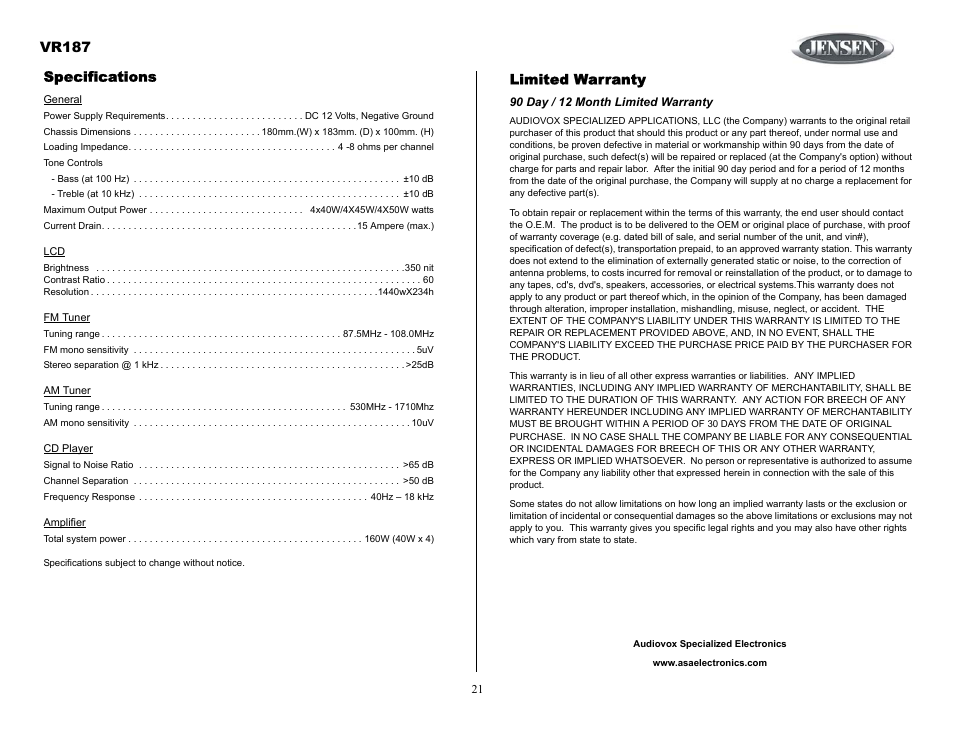 90 day / 12 month limited warranty, Vr187, Limited warranty | Specifications | Jensen SIRIUS VR187 User Manual | Page 21 / 23