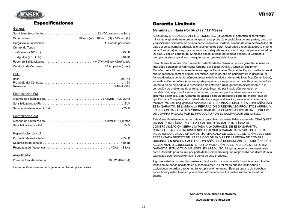 Garantia limitade, Garantía limitada por 90 días / 12 meses, Vr187 | Especificationes | Jensen SIRIUS VR187 User Manual | Page 22 / 23