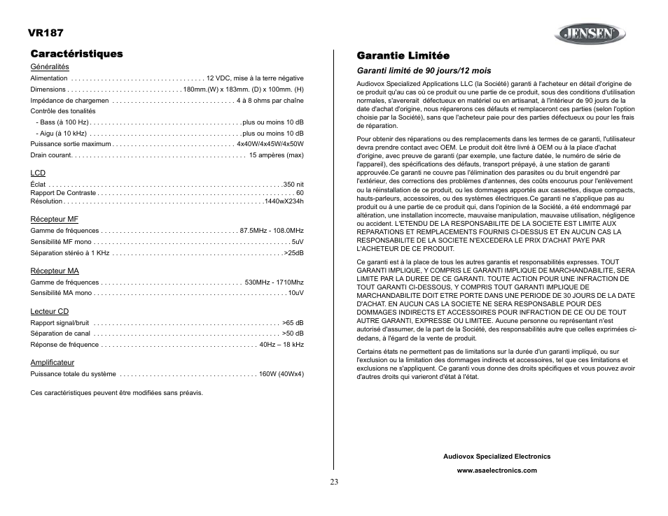 Garantie limitée, Garanti limité de 90 jours/12 mois, Vr187 | Caractéristiques | Jensen SIRIUS VR187 User Manual | Page 23 / 23