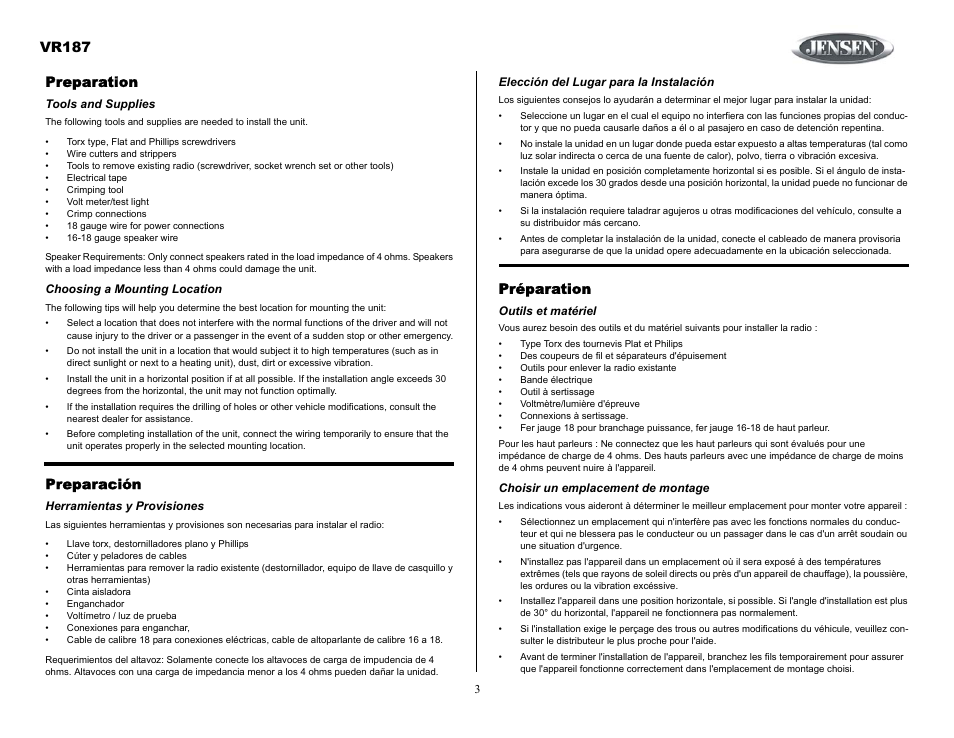 Preparation, Tools and supplies, Choosing a mounting location | Preparación, Herramientas y provisiones, Elección del lugar para la instalación, Préparation, Outils et matériel, Choisir un emplacement de montage, Vr187 | Jensen SIRIUS VR187 User Manual | Page 3 / 23