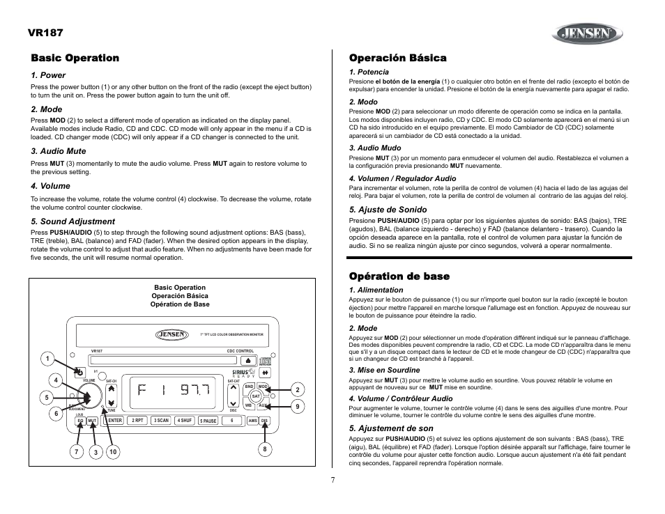 Basic operation, Power, Mode | Audio mute, Volume, Sound adjustment, Operación básica, Potencia, Modo, Audio mudo | Jensen SIRIUS VR187 User Manual | Page 7 / 23