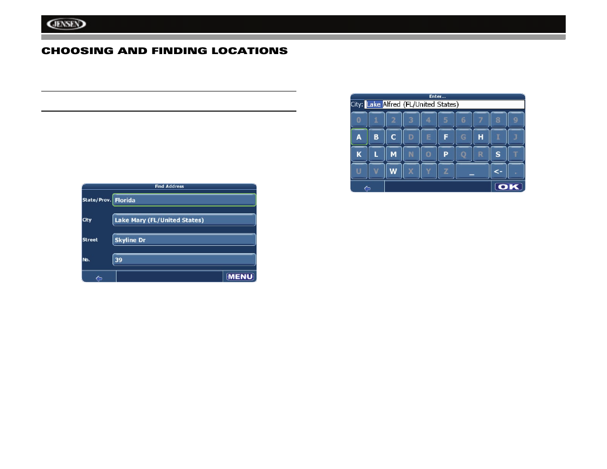 Nav101 choosing and finding locations | Jensen NAV101 User Manual | Page 12 / 26