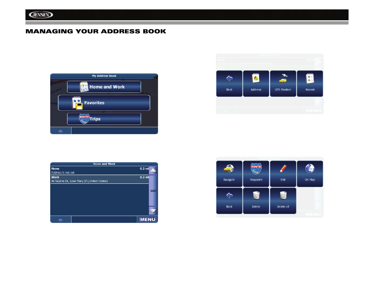 Nav101 managing your address book | Jensen NAV101 User Manual | Page 18 / 26