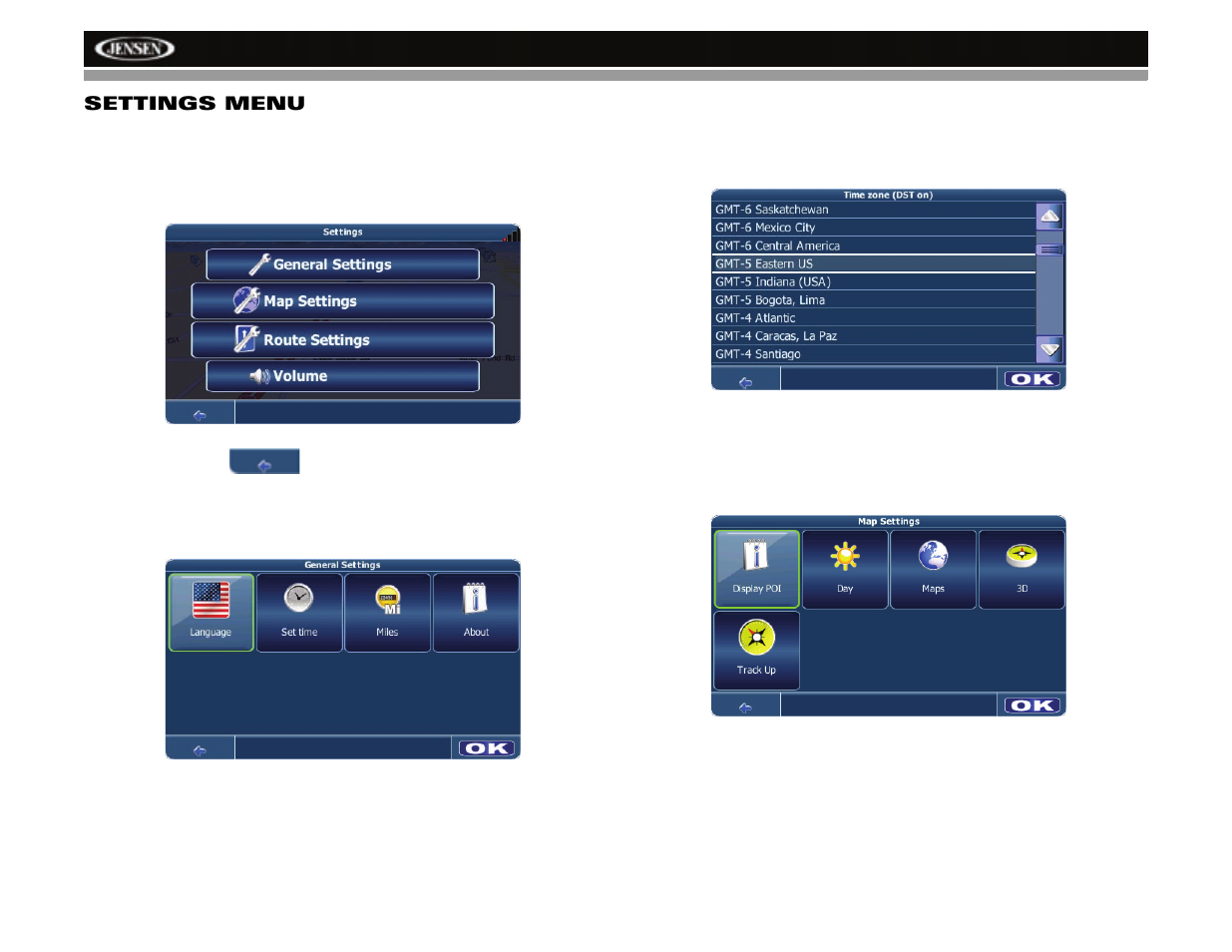 Nav101 settings menu | Jensen NAV101 User Manual | Page 20 / 26