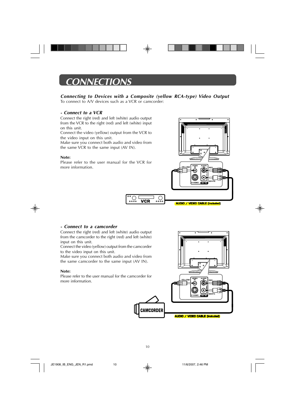 Connections, Connect to a camcorder, Connect to a vcr | Jensen JE1908 User Manual | Page 10 / 24