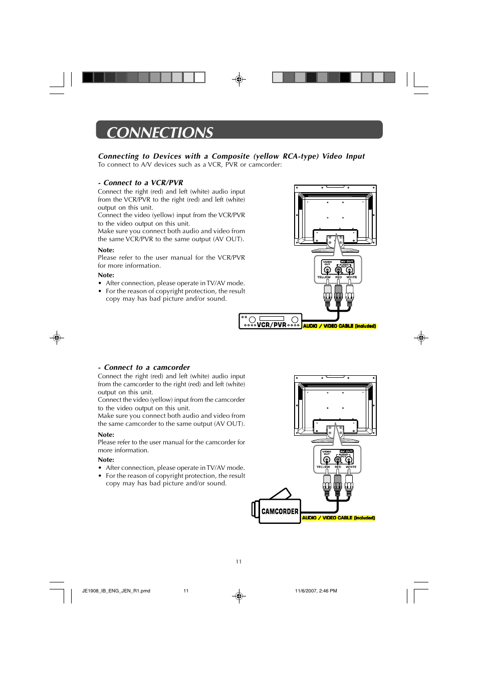 Connections, Connect to a camcorder, Connect to a vcr/pvr | Jensen JE1908 User Manual | Page 11 / 24