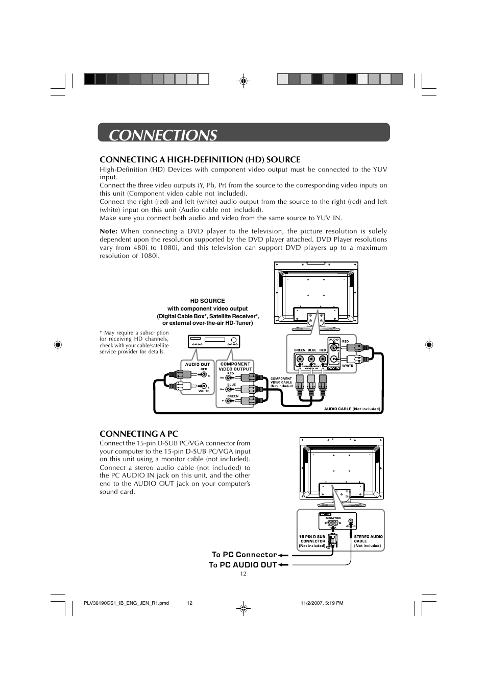 Connections, Connecting a pc, Connecting a high-definition (hd) source | Jensen JE1908 User Manual | Page 12 / 24