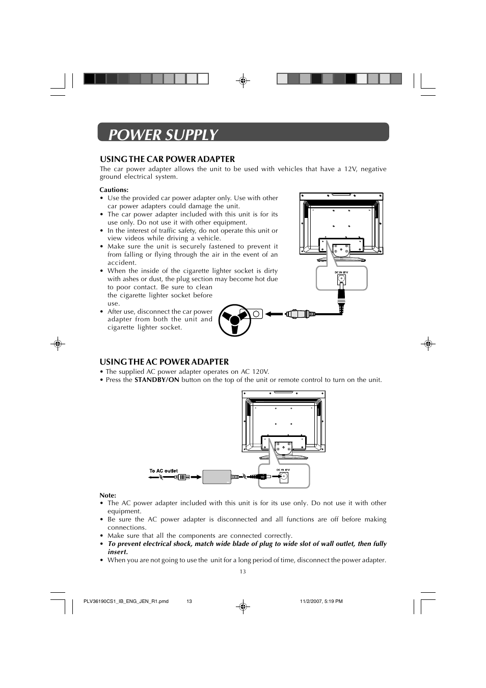 Power supply, Using the ac power adapter, Using the car power adapter | Jensen JE1908 User Manual | Page 13 / 24