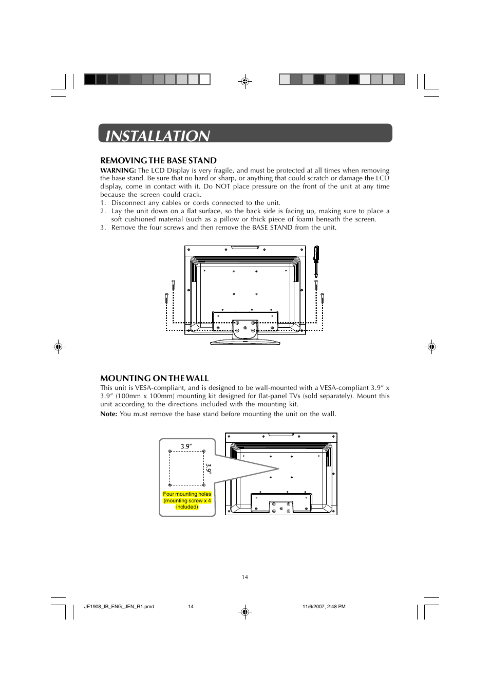 Installation, Mounting on the wall, Removing the base stand | Jensen JE1908 User Manual | Page 14 / 24