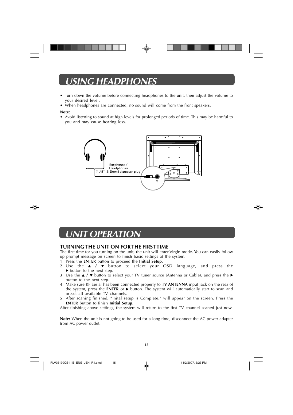 Using headphones unit operation | Jensen JE1908 User Manual | Page 15 / 24