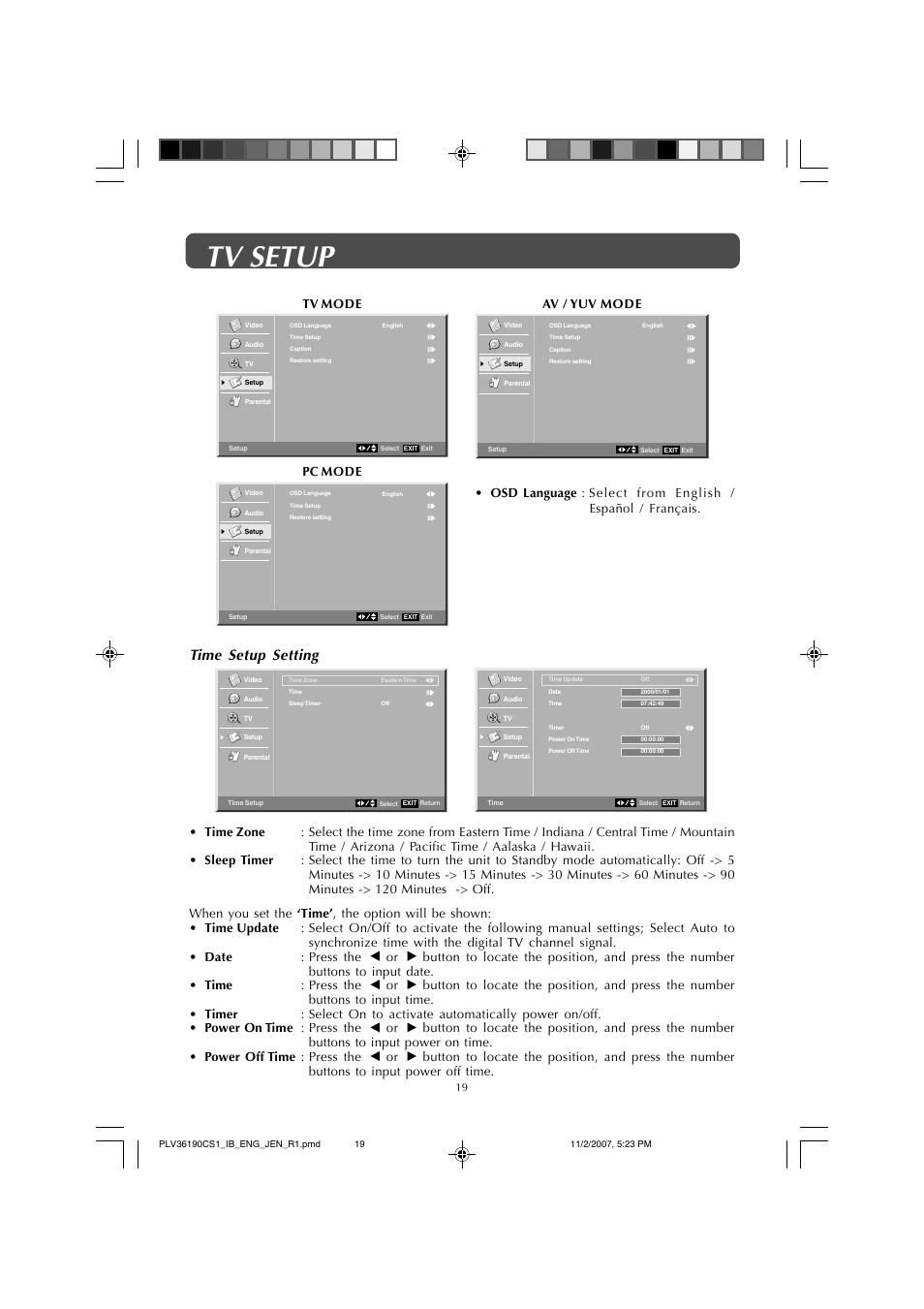 Tv setup, Time setup setting | Jensen JE1908 User Manual | Page 19 / 24