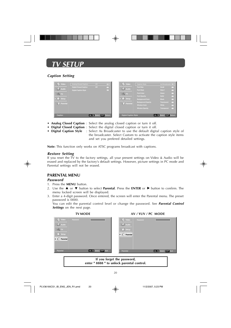 Tv setup, Parental menu, Password | Restore setting, Caption setting | Jensen JE1908 User Manual | Page 20 / 24