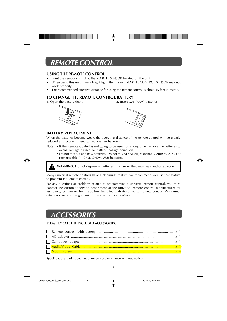 Remote control accessories | Jensen JE1908 User Manual | Page 5 / 24