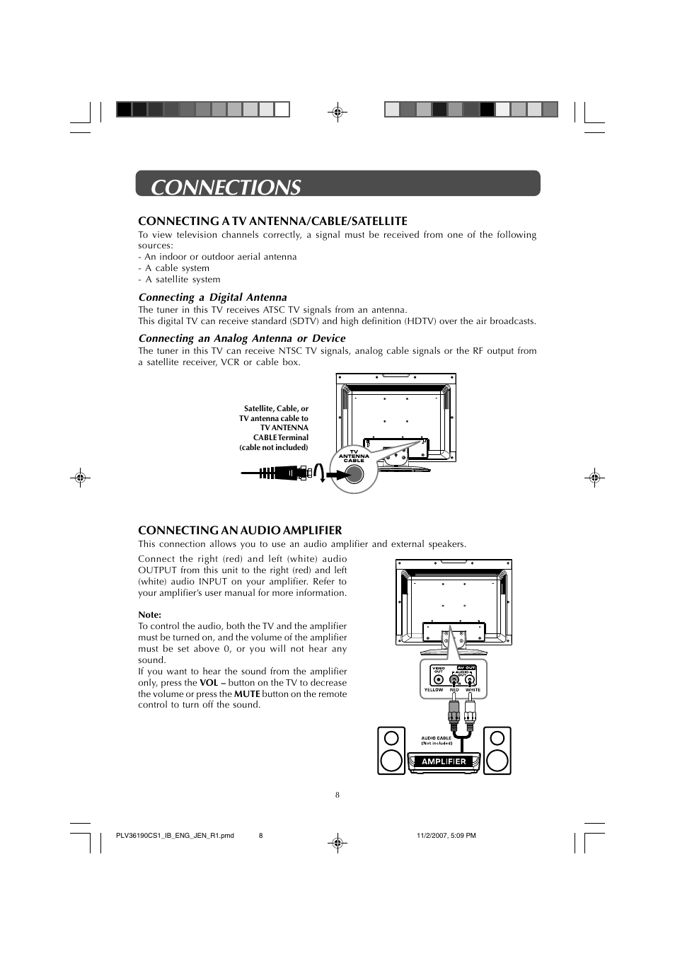 Connections, Connecting a tv antenna/cable/satellite, Connecting an audio amplifier | Jensen JE1908 User Manual | Page 8 / 24