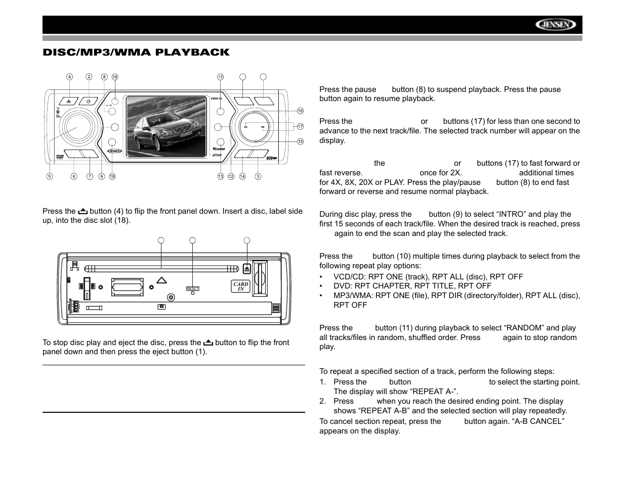 Vm8012, Disc/mp3/wma playback | Jensen VM8012 User Manual | Page 13 / 24