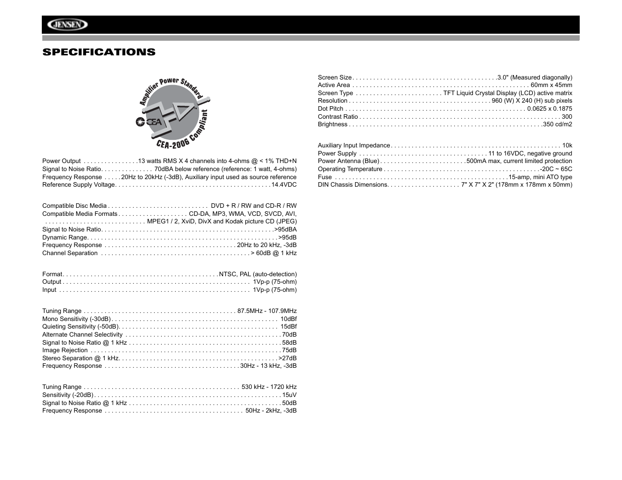 Vm8012, Specifications | Jensen VM8012 User Manual | Page 22 / 24