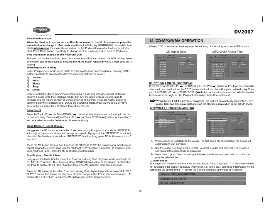 Dv2007, Cd/mp3/wma operation | Jensen DV2007 User Manual | Page 10 / 22