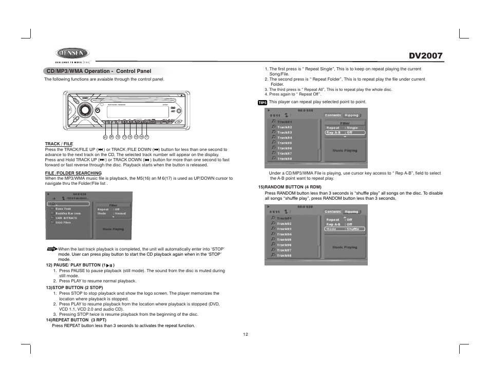 Dv2007, Cd/mp3/wma operation - control panel | Jensen DV2007 User Manual | Page 12 / 22