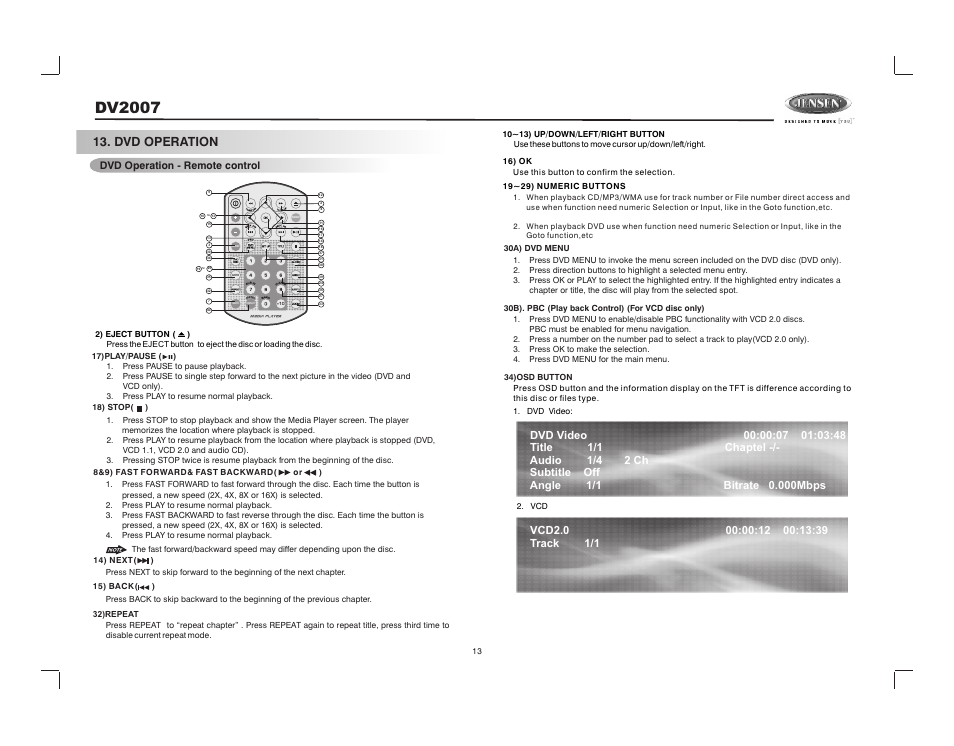 Dv2007, Dvd operation, Dvd operation - remote control | Jensen DV2007 User Manual | Page 13 / 22