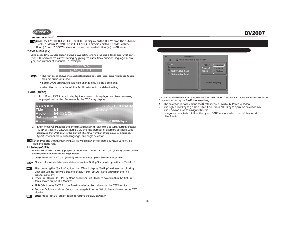 Dv2007 | Jensen DV2007 User Manual | Page 16 / 22