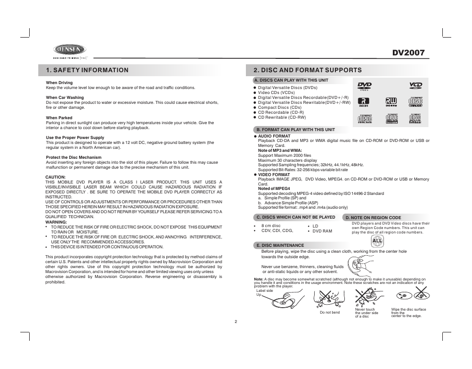 Dv2007, Safety information, Disc and format supports | Jensen DV2007 User Manual | Page 2 / 22