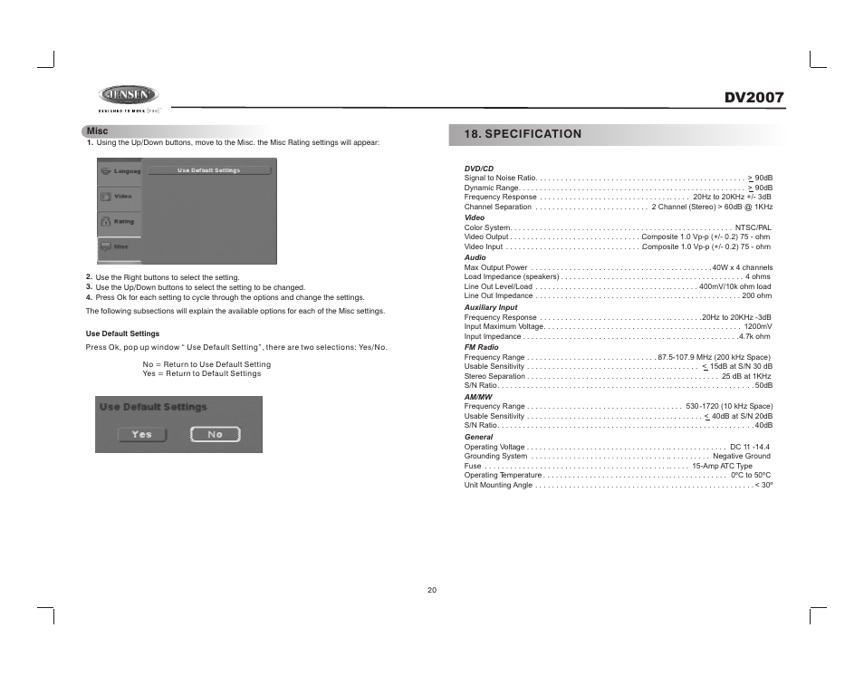 Dv2007 | Jensen DV2007 User Manual | Page 20 / 22