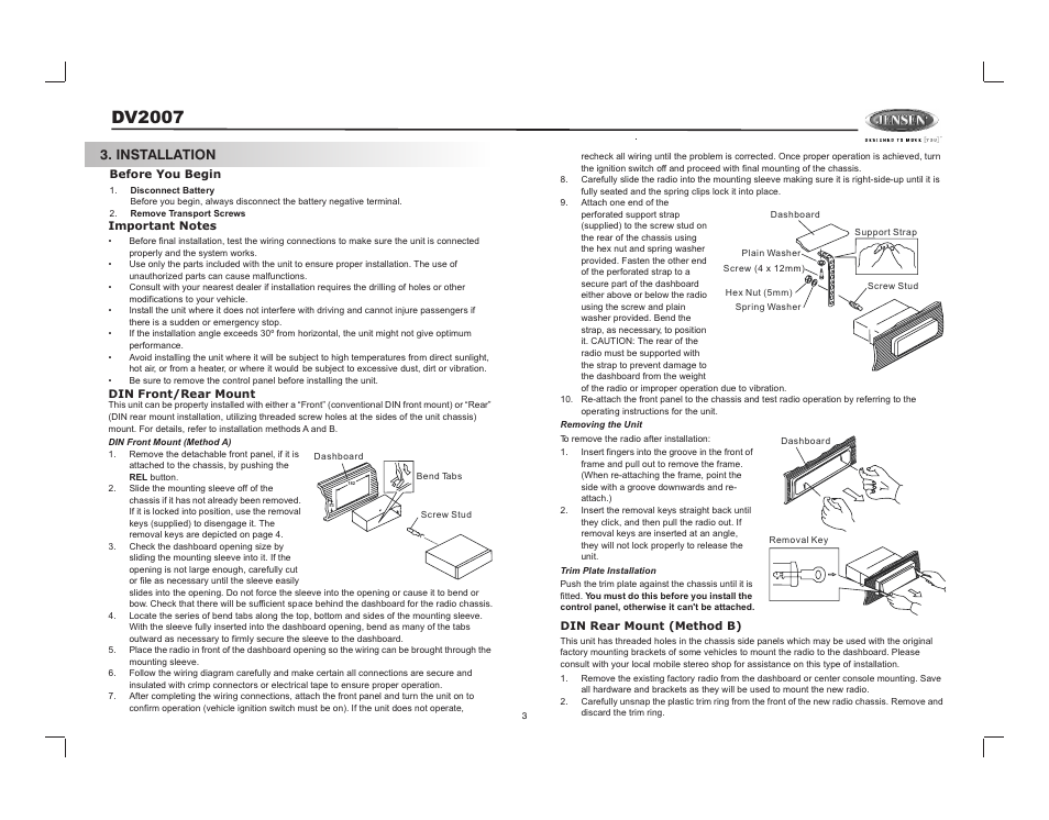 Dv2007, Installation | Jensen DV2007 User Manual | Page 3 / 22