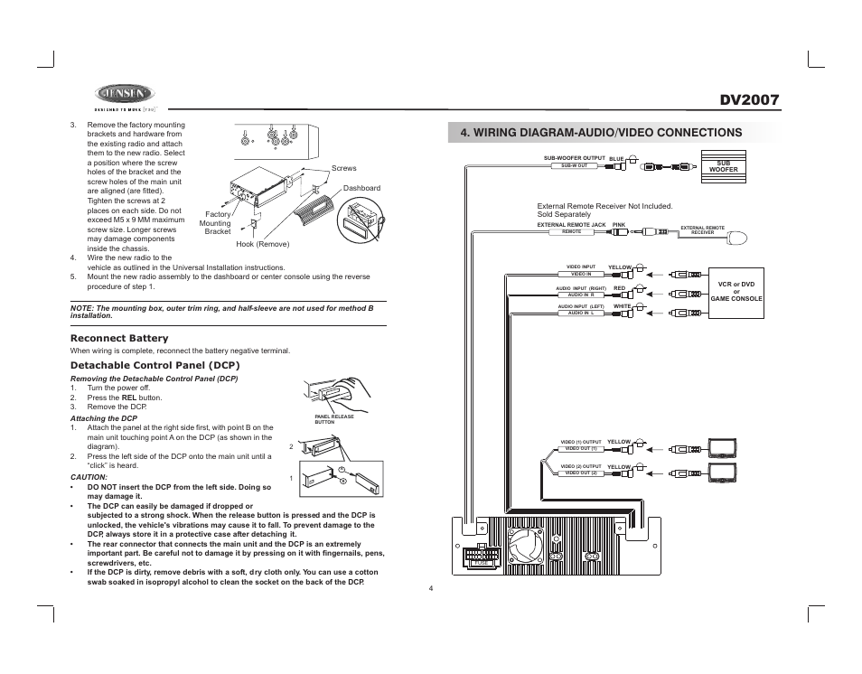 Dv2007, Wiring diagram-audio/video connections | Jensen DV2007 User Manual | Page 4 / 22